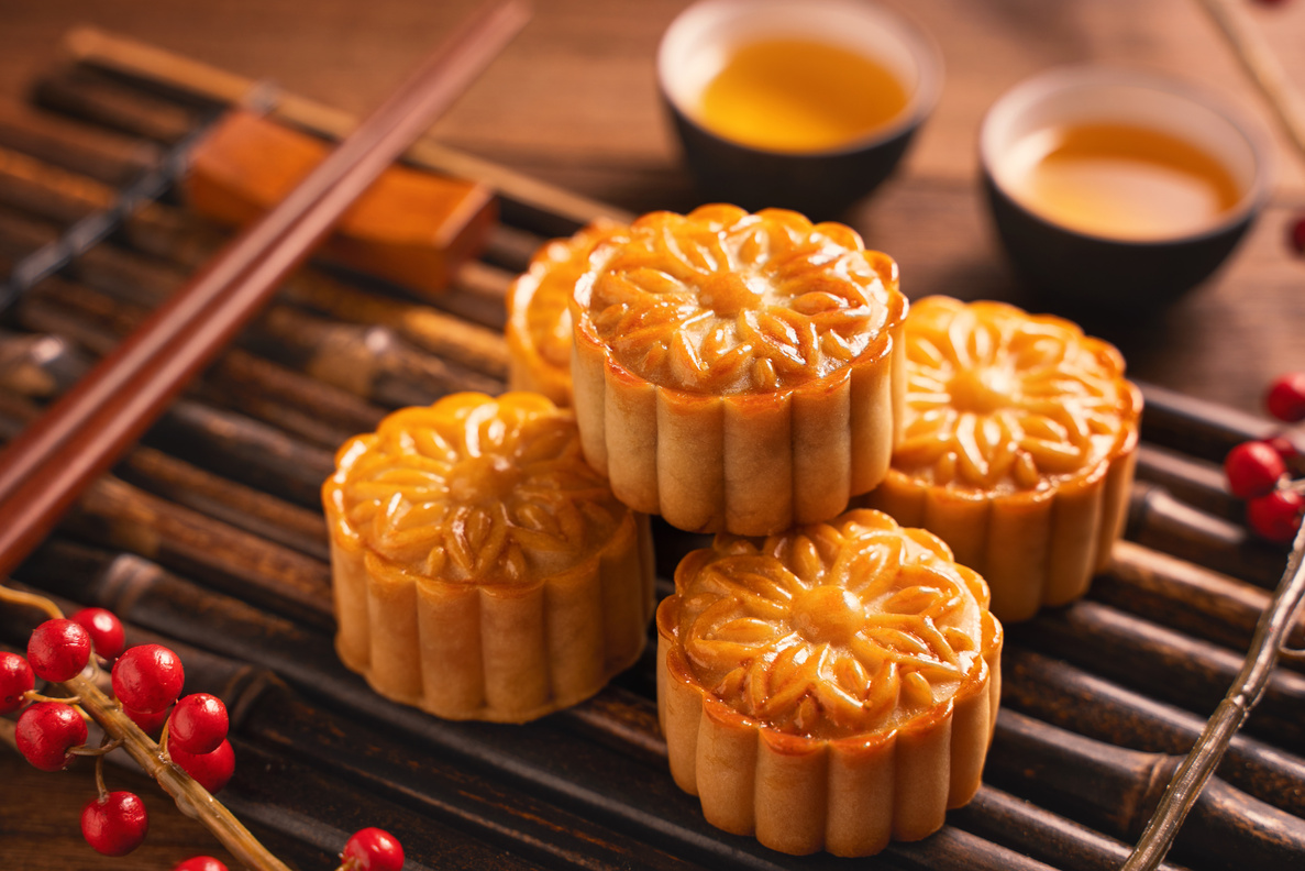 Stack of Mooncakes on Bamboo Tray